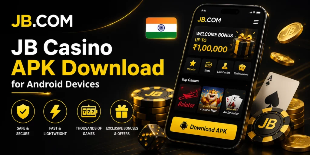JB Casino APK download for Android devices with India flag and official JB.COM logo.