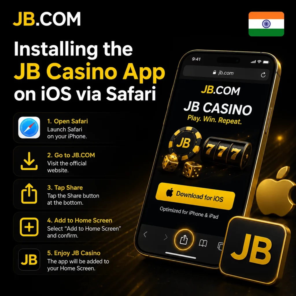 JB Casino iOS Safari installation guide with official JB.COM logo and India flag.