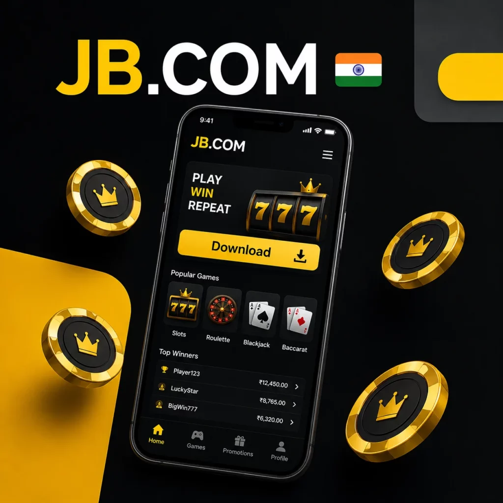 JB.COM app download screen with official logo, mobile interface, and India flag.